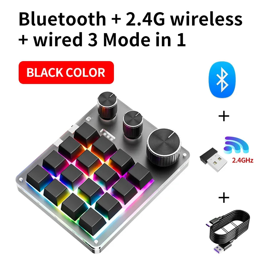 16-Key Mechanical Macro Keyboard with 3 Programmable Knobs, Volume Control, USB Wired, Bluetooth & 2.4G Wireless
