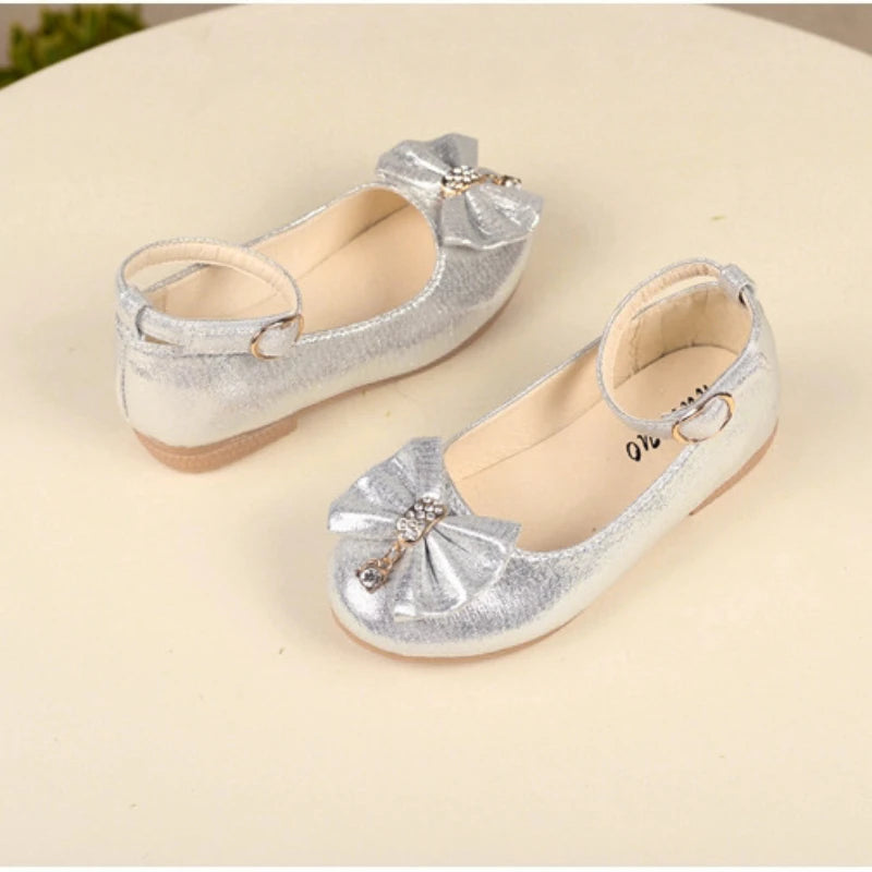 Girls Princess PU Leather Ballet Flats with Ankle Strap & Bow – Spring Autumn Dress Shoes for Kids 3-12