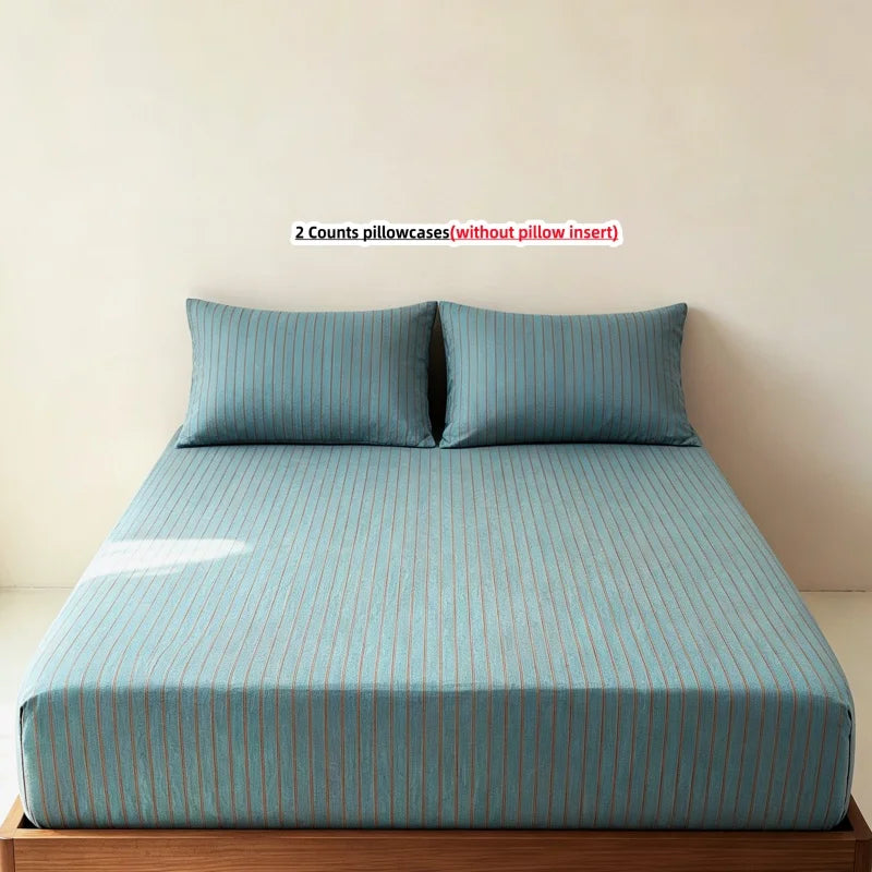 3-Piece Stripe Fitted Sheet Set – Elastic Anti-Slip Adjustable Fitted Mattress Cover with 2 Pillowcases