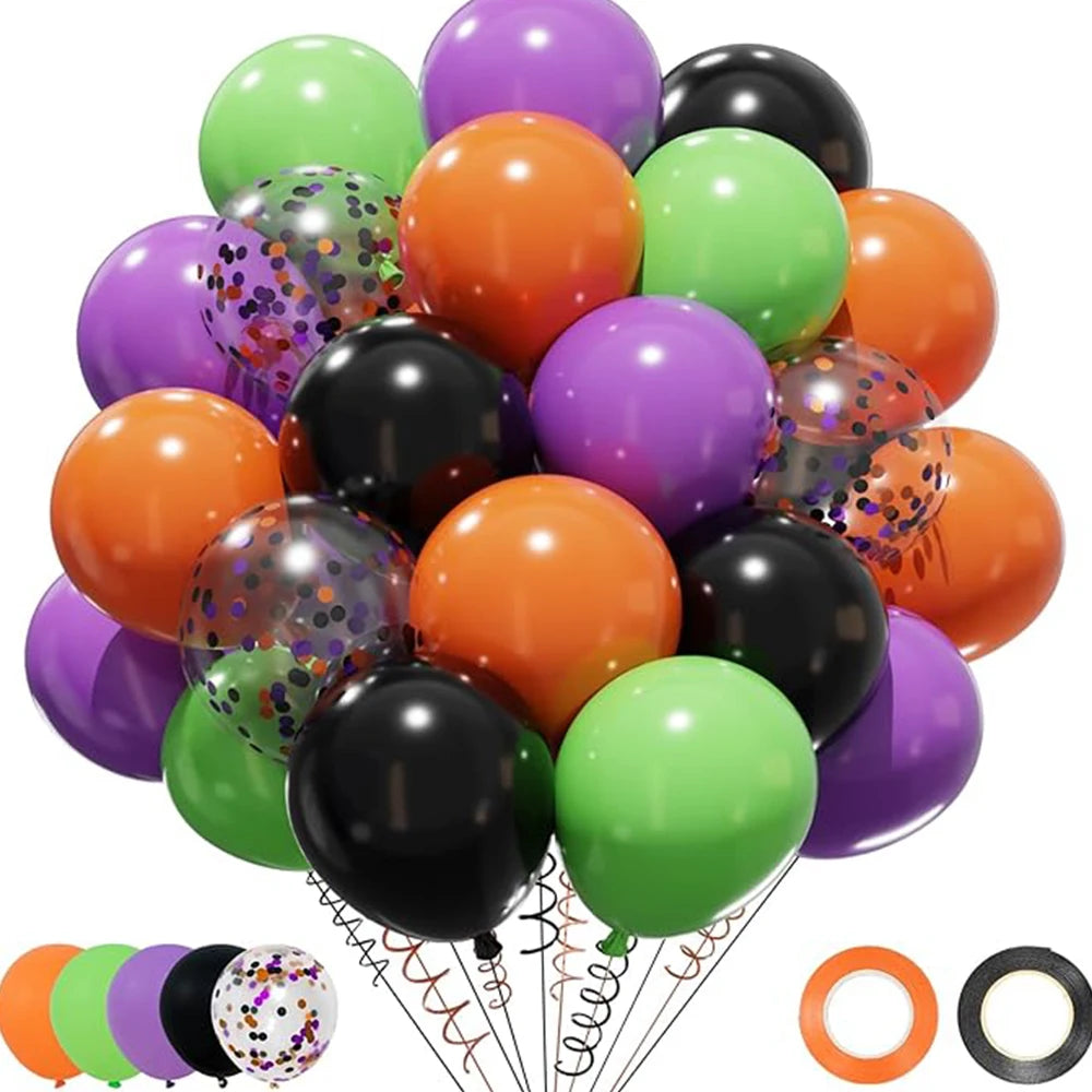 50-Pack Halloween Balloon Set – Matte Black, Orange & Purple with Metallic Confetti