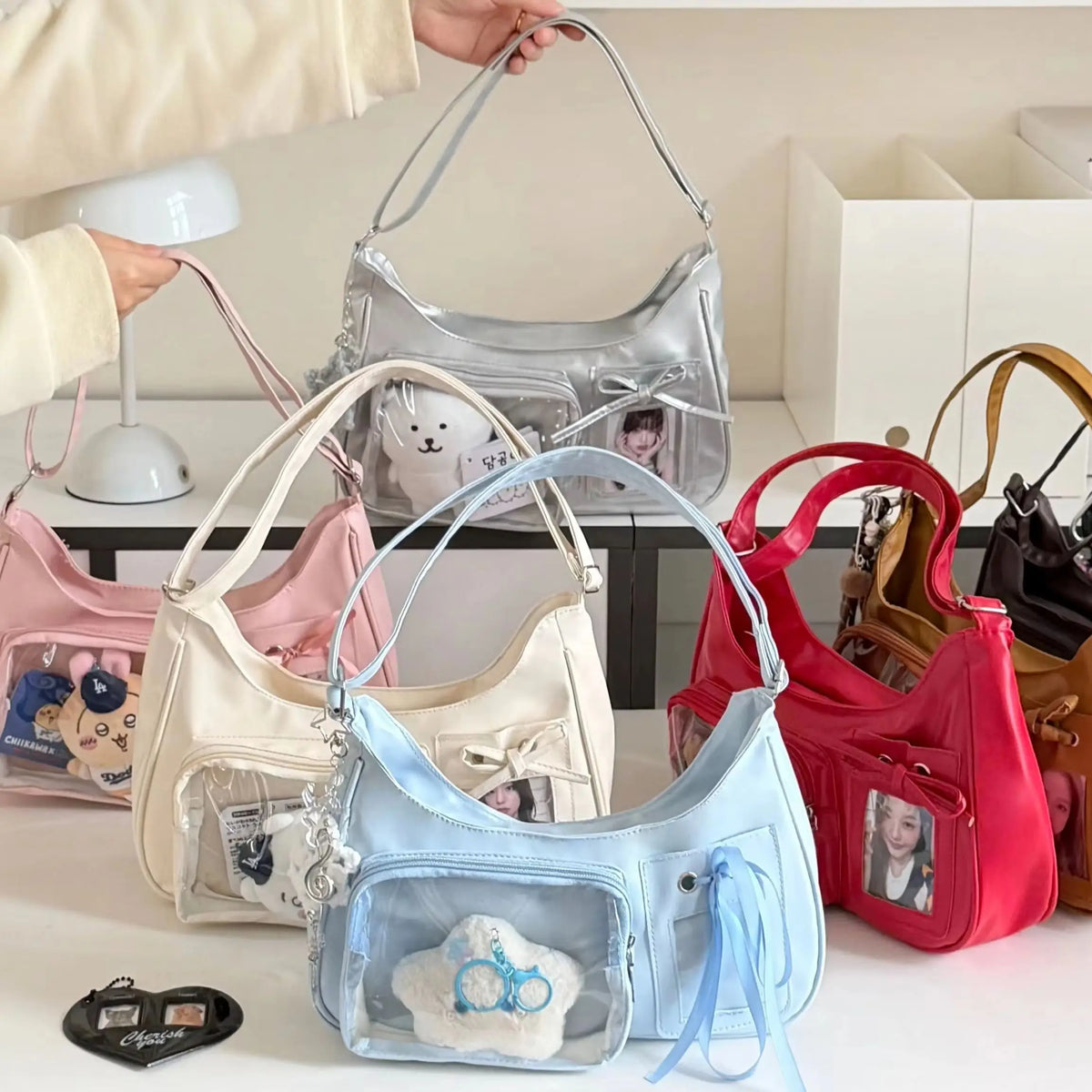Harajuku Transparent Ita Shoulder Bag with Bow Accent – Korean Preppy School Crossbody Purse, Adjustable Strap