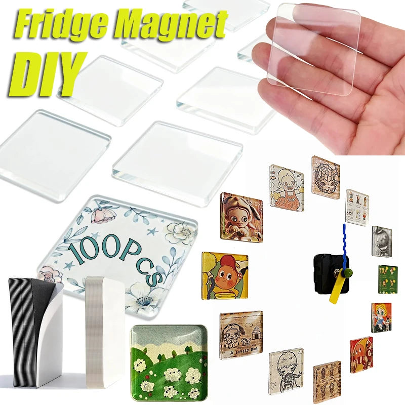 DIY Fridge Magnet Kit – 50 or 100 Pack Transparent Acrylic Magnets with Adhesive Backing (50 x 50 x 2 mm | 2.0 x 2.0 x 0.08 in)