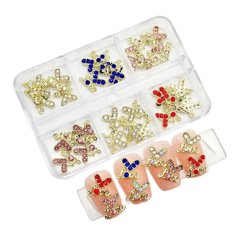 6-Grid Nail Rhinestone Kit – Saturn, Planet & Cross Crystal Nail Charms for Nail Art