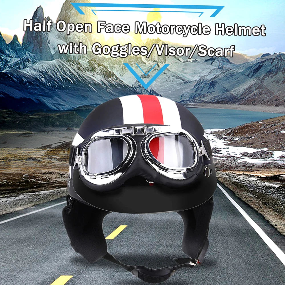Retro Vintage Half-Face Motorcycle Helmet with Visor & UV Goggles - Unisex Fit 54-60 cm (21.3-23.6 in)