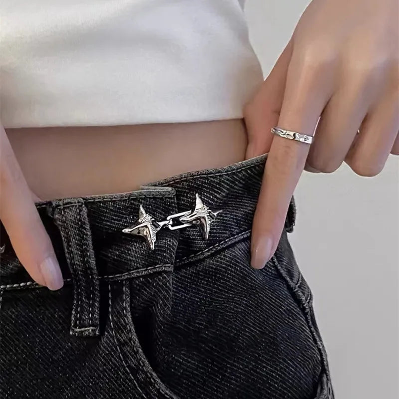Adjustable Metal Waist Buckle for Women Jeans – Four-Point Star Geometric Belt Accessory, One-Size