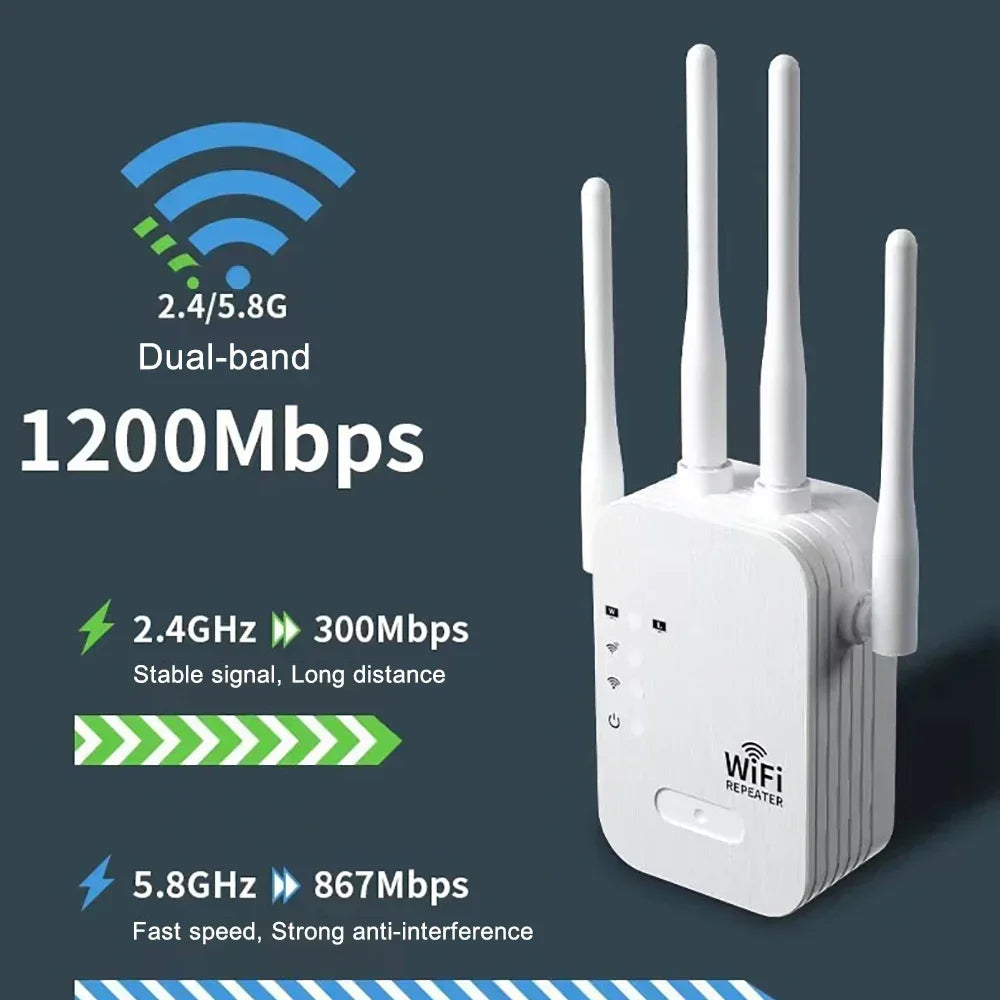 1200Mbps Dual-Band WiFi Extender (5GHz & 2.4GHz) - Wireless Repeater WiFi Booster with 100Mbps LAN Port