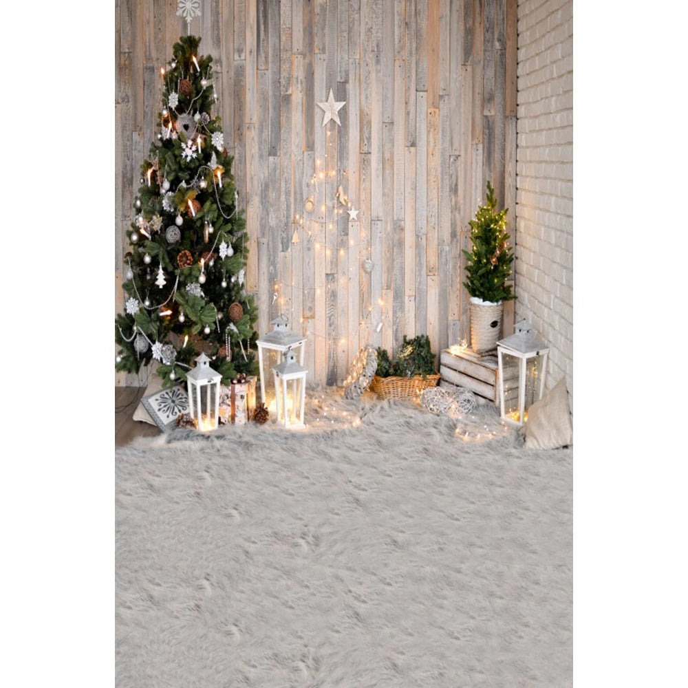Christmas Photography Backdrop - Santa, Tree & Fireplace Winter Snow Wood Floor Portrait Background