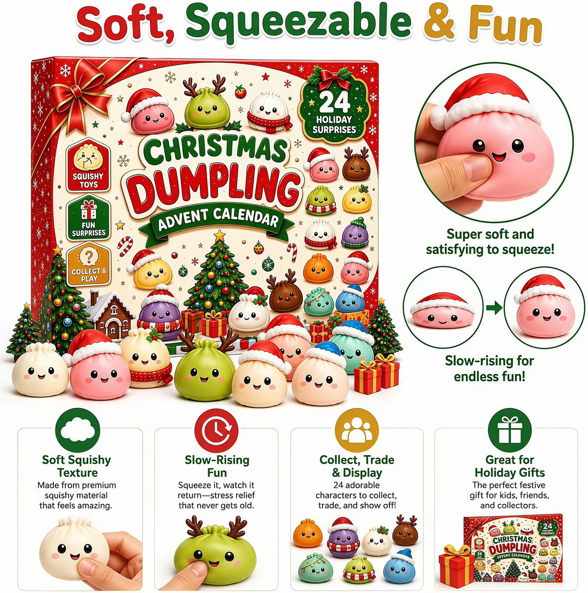 Christmas Squishy Advent Calendar 24-Day Dumpling Fidget Countdown Stress Relief Mystery Gift Box