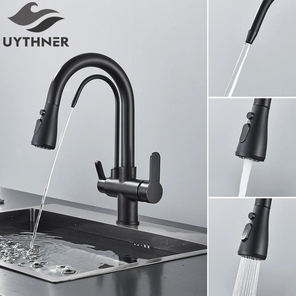 Brass Kitchen Water Filter Faucet Dual-Spout Mixer – 360° Swivel Filtered Drinking Tap, Hot & Cold