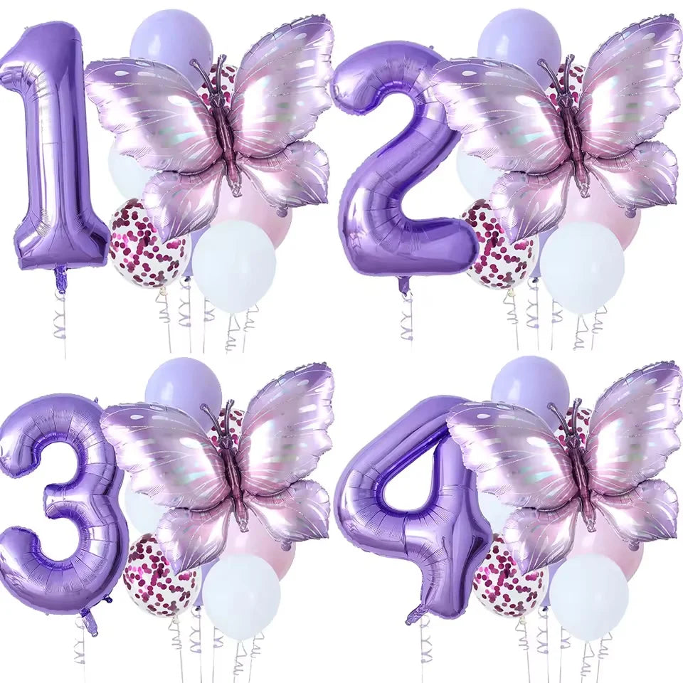 10-Pack Purple Butterfly & Number Foil Balloon Set 32-inch (81 cm) Party Decorations for Baby Shower, Birthday, Wedding, Christmas