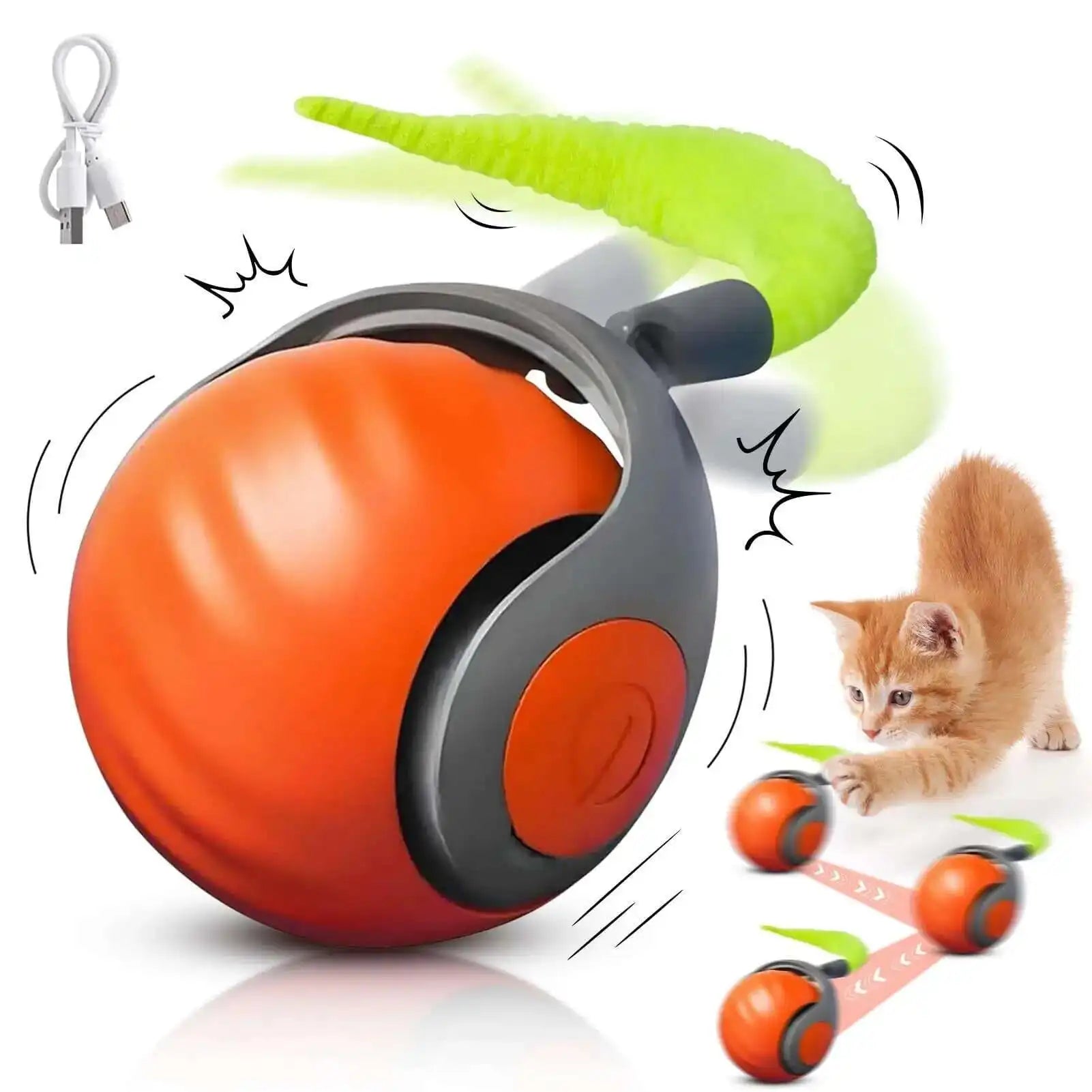 Interactive Rolling Cat Toy with Tail – USB Rechargeable Smart Ball, Dual-Speed Automatic Play