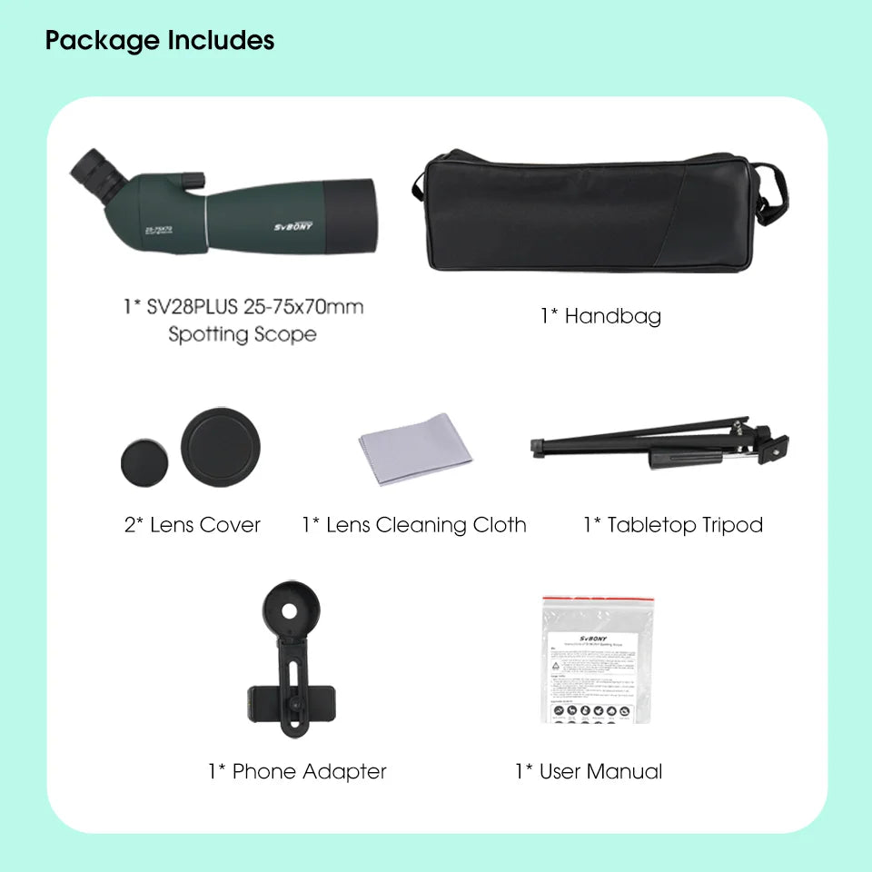 25-75x Spotting Scope — 50/60/70mm Objective Porro Prism Monocular with Phone Adapter & Mini Tripod for Bird Watching, Hunting, Archery, Camping