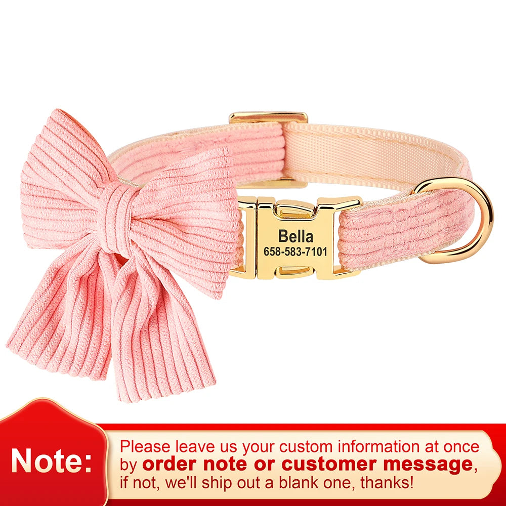 Personalized Dog Collar with Large Bow Tie - Adjustable ID Collar with Free Engraving for Small, Medium, Large Dogs and Cats