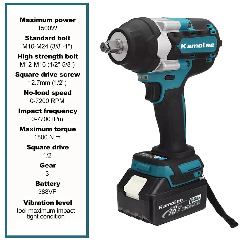 1800 N·m (≈1,328 ft·lb) Brushless Cordless Impact Wrench - 1/2 in (12.7 mm) Drive, High Torque, 18V/21V Battery Compatible
