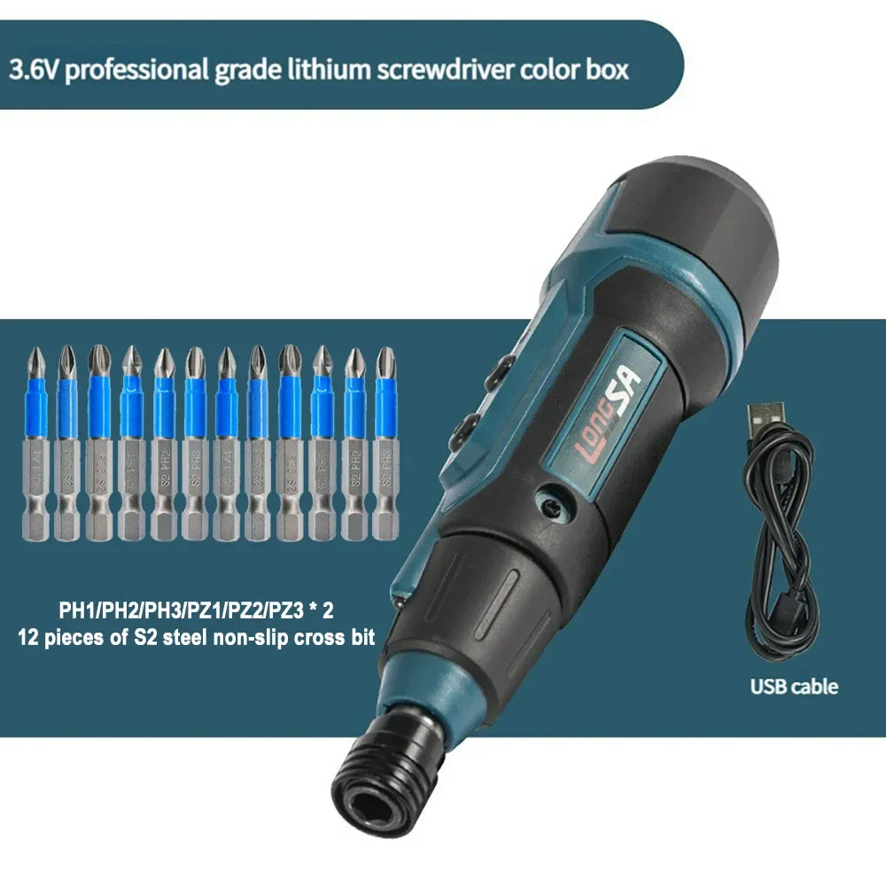 3.6V Mini Cordless Electric Screwdriver — Torque Adjustable Straight Handle, 6.35mm (1/4") Hex Chuck, 1300mAh Lithium Battery