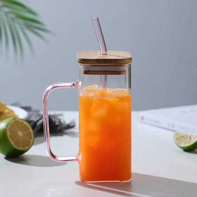 400ml (13.5 oz) Square Glass Mug with Lid and Straw — Microwave Safe Coffee, Milk & Party Drinkware