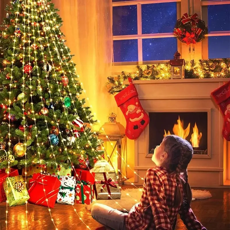 Pentagram Waterproof 2.2M (7.2 ft) 198-LED Waterfall Fairy String Lights USB/Battery Powered for Christmas Tree Patio Camping