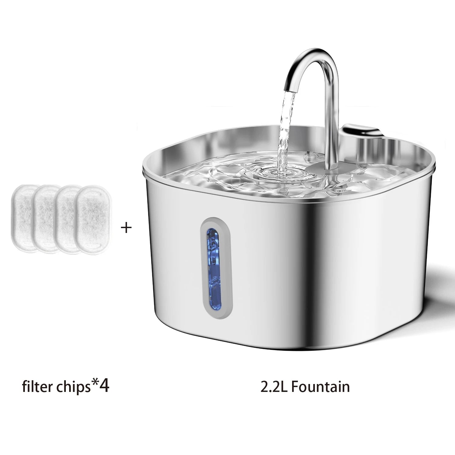 2.2L Automatic Pet Water Fountain – Square Stainless Steel Water Feeder with Viewing Window for Cats Dogs Rabbits (No 5V/1A Plug)