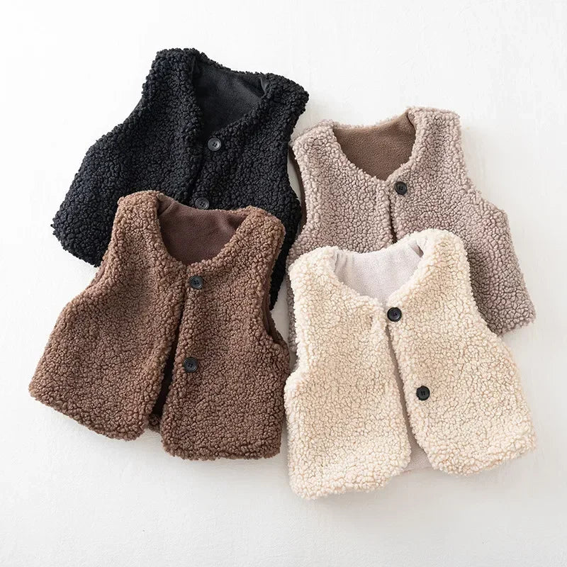 Kids Faux Lamb Wool Vest – Plush V-Neck Sleeveless Coat for Boys & Girls, Warm Autumn Winter Waistcoat