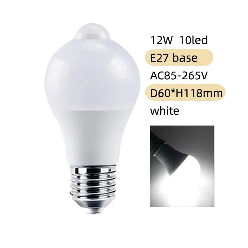 PIR Motion Sensor LED Bulb E27 – 12W/18W Motion-Activated AC85–265V, Warm & Daylight, 120° Detection