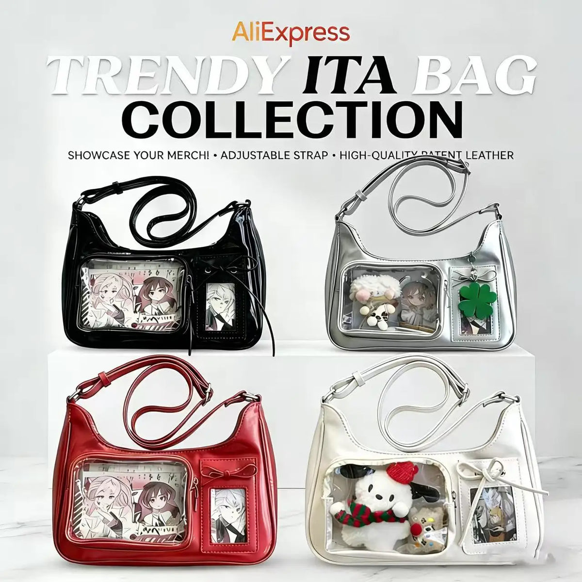 Harajuku Transparent Ita Shoulder Bag with Bow Accent – Korean Preppy School Crossbody Purse, Adjustable Strap