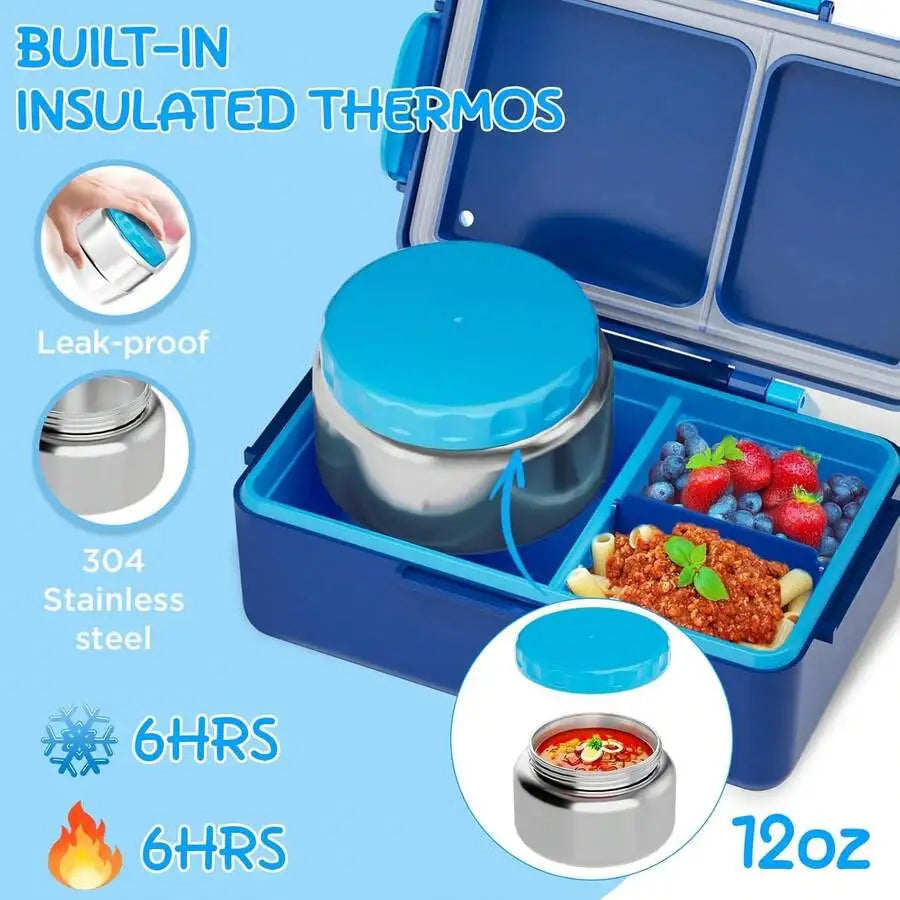 Kids Bento Lunch Box — 12 oz (355 ml) Stainless Steel Soup Thermos, 3-Compartment Leak-Proof Container with Built-In Ice Pack