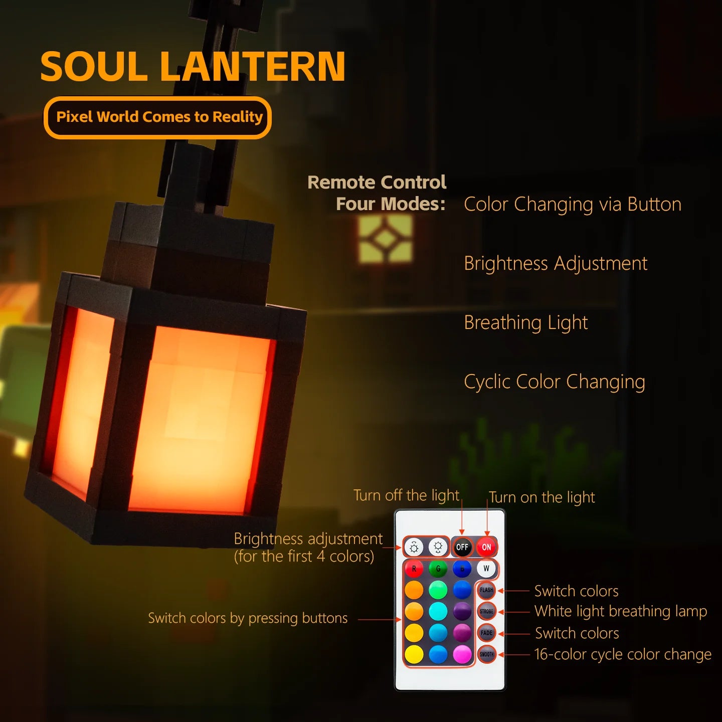 Pixel LED Night Light Portable Lantern – 16-Color Rechargeable Tabletop Lamp with Remote