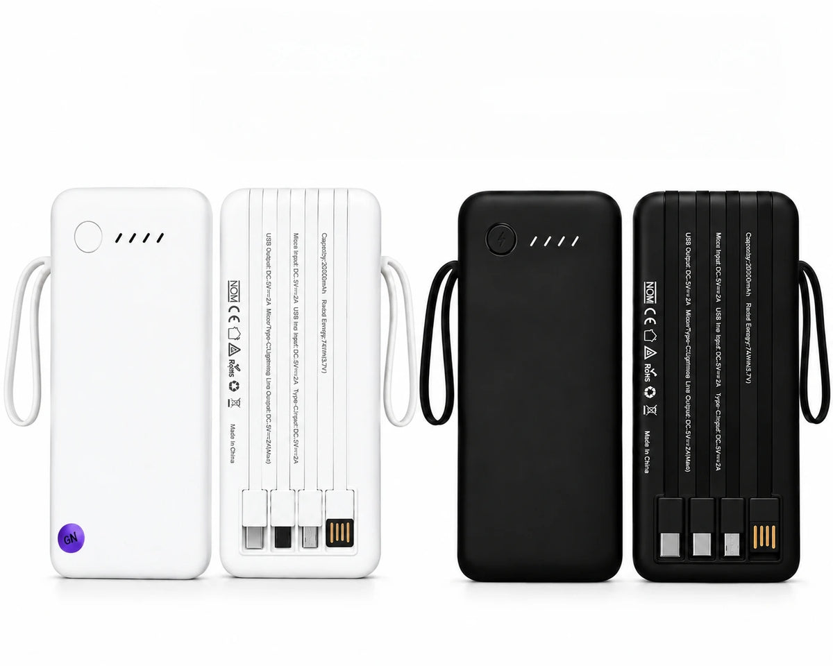 Portable Power Bank 12,000mAh / 26,000mAh with 4 Built-In Cables (USB-C, Lightning, Micro USB, USB-A), LED Display, Multi-Device Charger