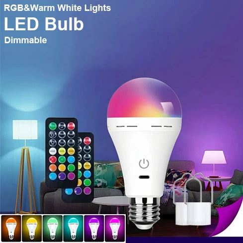 Smart USB Rechargeable E27 LED Bulb – RGB Color Changing & Warm/Cool White, Touch Dimmable Cordless Emergency Light