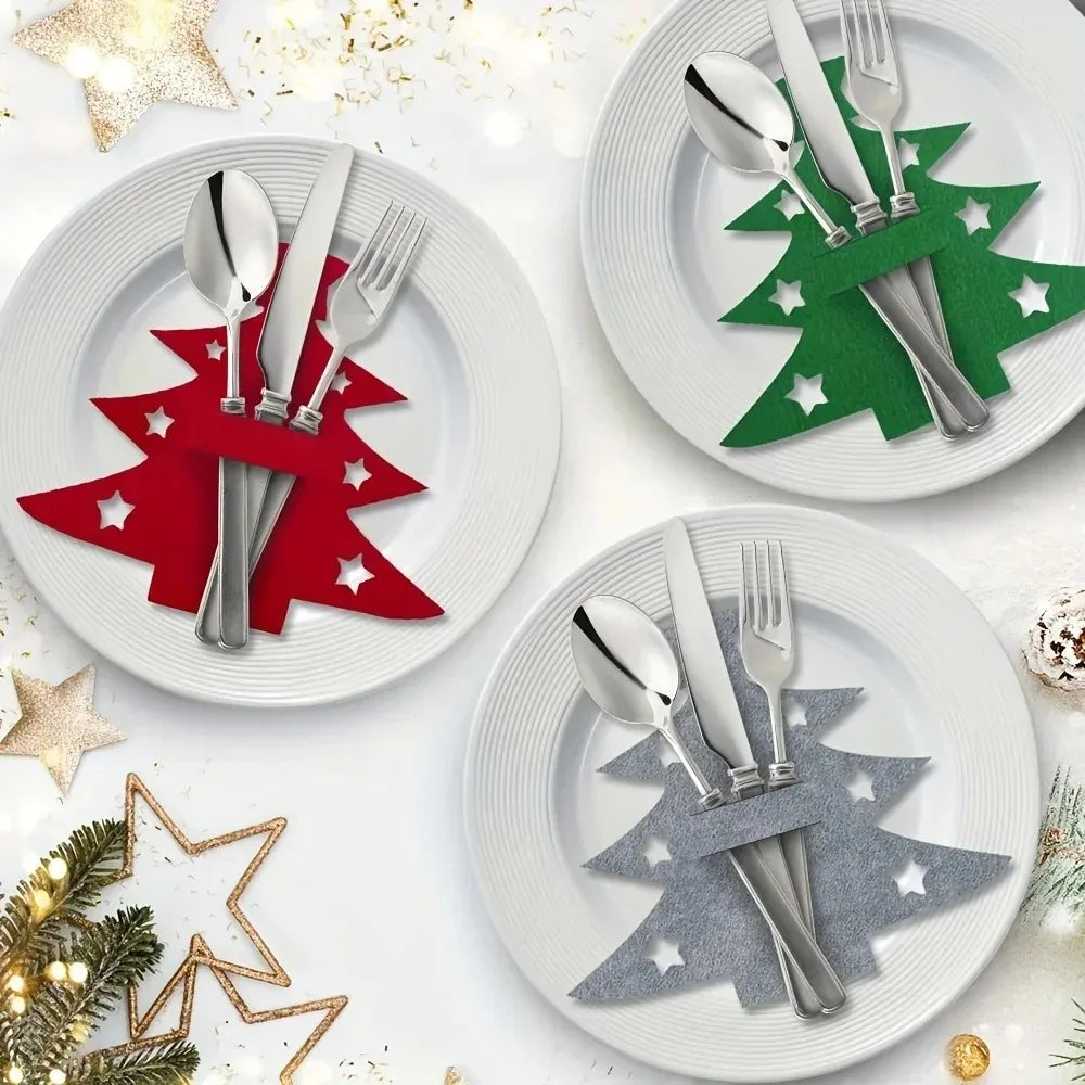 12-Pack Christmas Tree Felt Placemats with Fork and Spoon Pockets Holiday Table Decorations