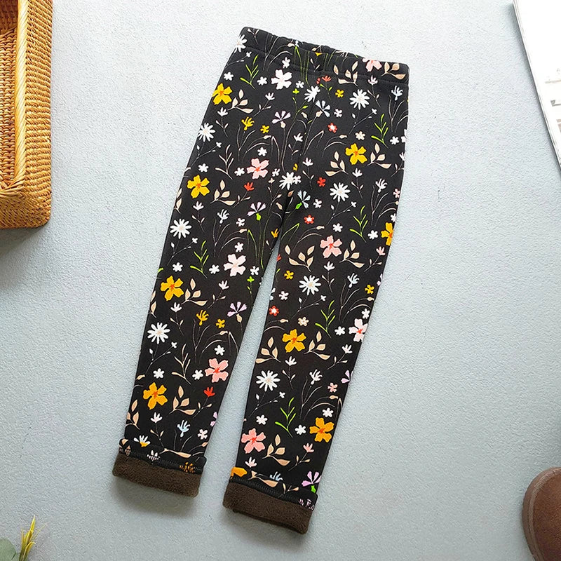 Girls Floral Fleece-Lined Leggings - Thick Warm Winter Pants for Toddlers and Kids (2-11 Years)