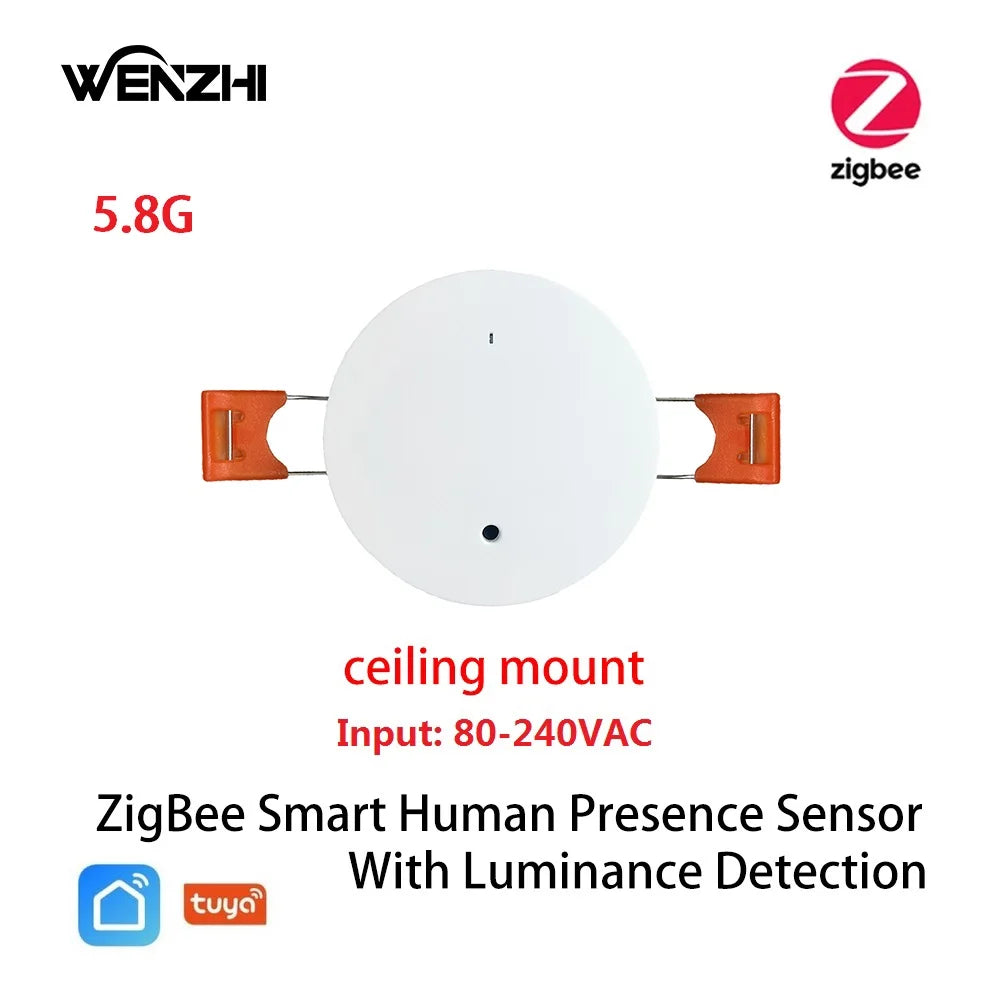 ZigBee WiFi mmWave Human Presence Motion Sensor with Luminance & Distance Detection, AC 80–240V / USB 5V Smart Home