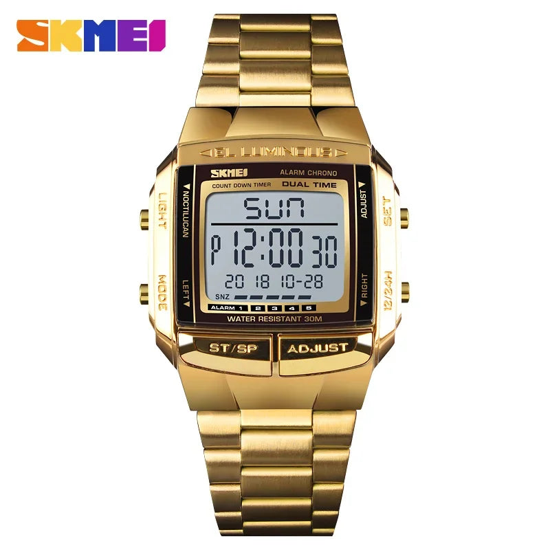 Men's Waterproof LED Digital Sport Watch – 30M (3ATM) Water Resistant, Stainless Steel Band, Military Style
