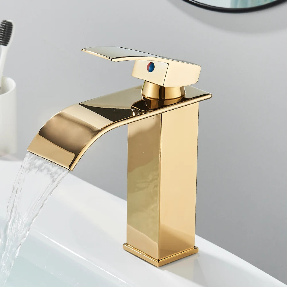 Matte Black Waterfall Basin Faucet - Single-Handle Mixer Tap for Bathroom Sink (Deck-Mounted, Hot & Cold)