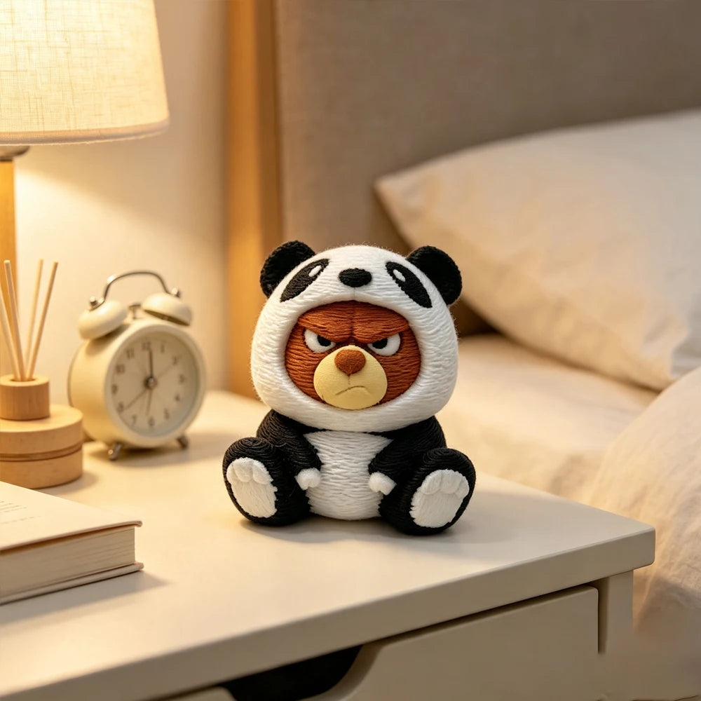 3D Printed Bear Figurine in Panda Jacket – Plastic Collectible Ornament for Home, Car & Desk Decor