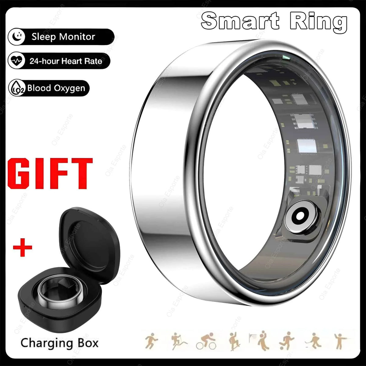 Smart Health Ring — Heart Rate, SpO2 & Skin Temperature Monitor, Sleep & Activity Tracker, 5ATM Waterproof, Bluetooth for Android & iOS — US Sizes 6–14 (16.5–22.3 mm / 0.65–0.88 in)