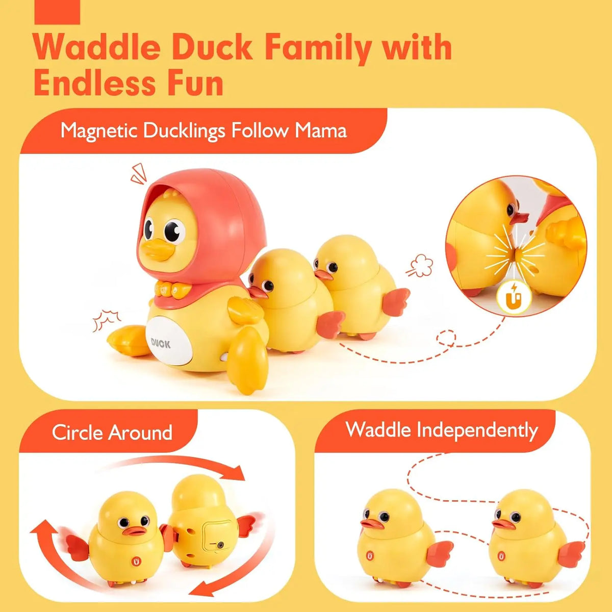Baby Crawling Toys 3-Piece Duck Set - Infant & Toddler Interactive Moving, Walking & Dancing Toy with Lights for Tummy Time & Development