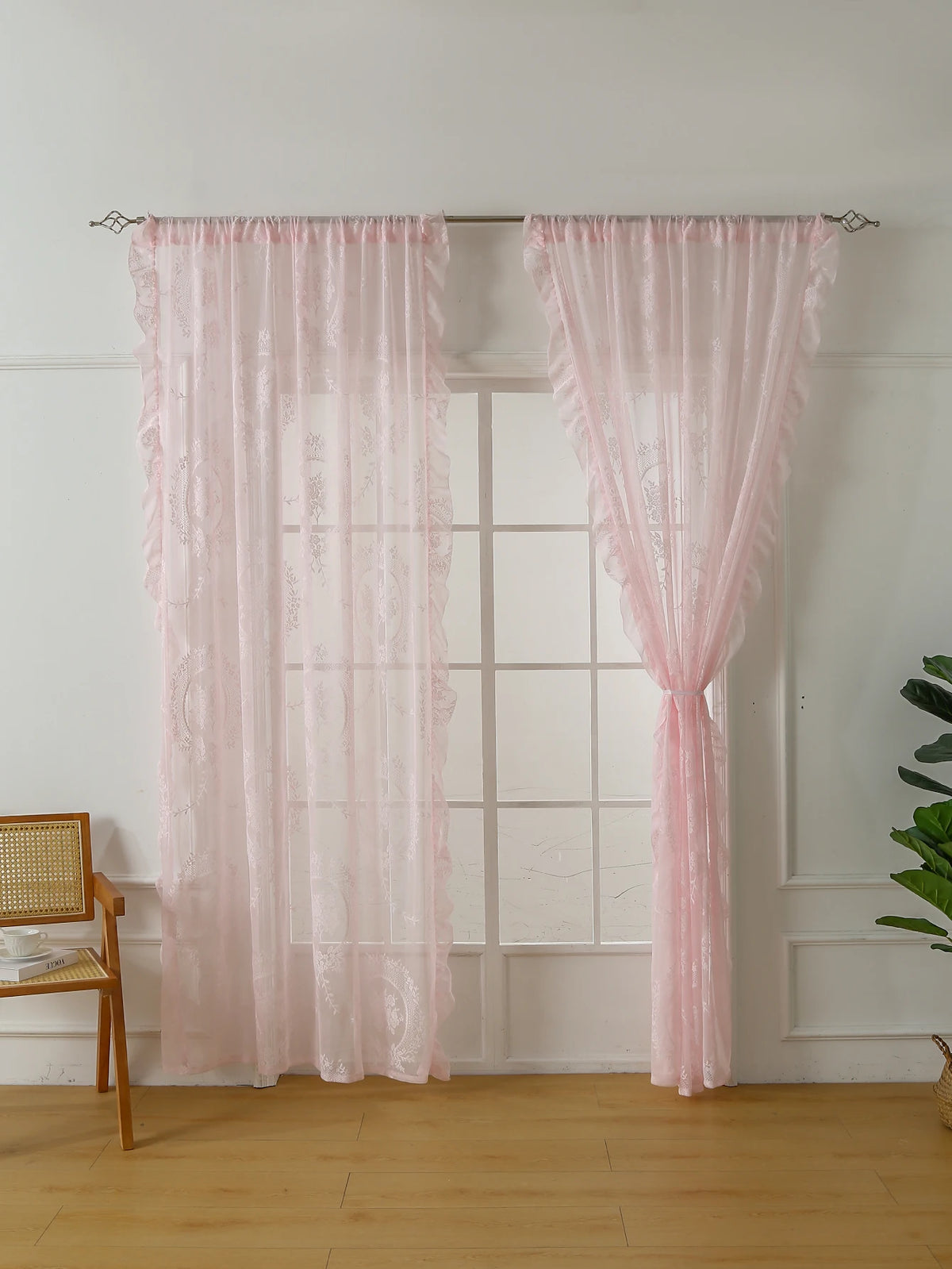 78-Inch (198 cm) Pink Lace Rod-Pocket Sheer Curtain – Floral Translucent Drapes for Girls Bedroom & Balcony