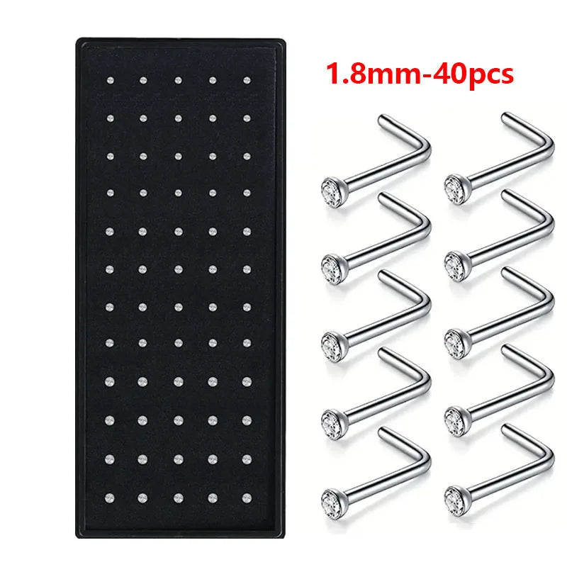40/60-Piece Crystal 316L Stainless Steel Nose Piercing Kit - Straight L Studs & Helix Body Jewelry