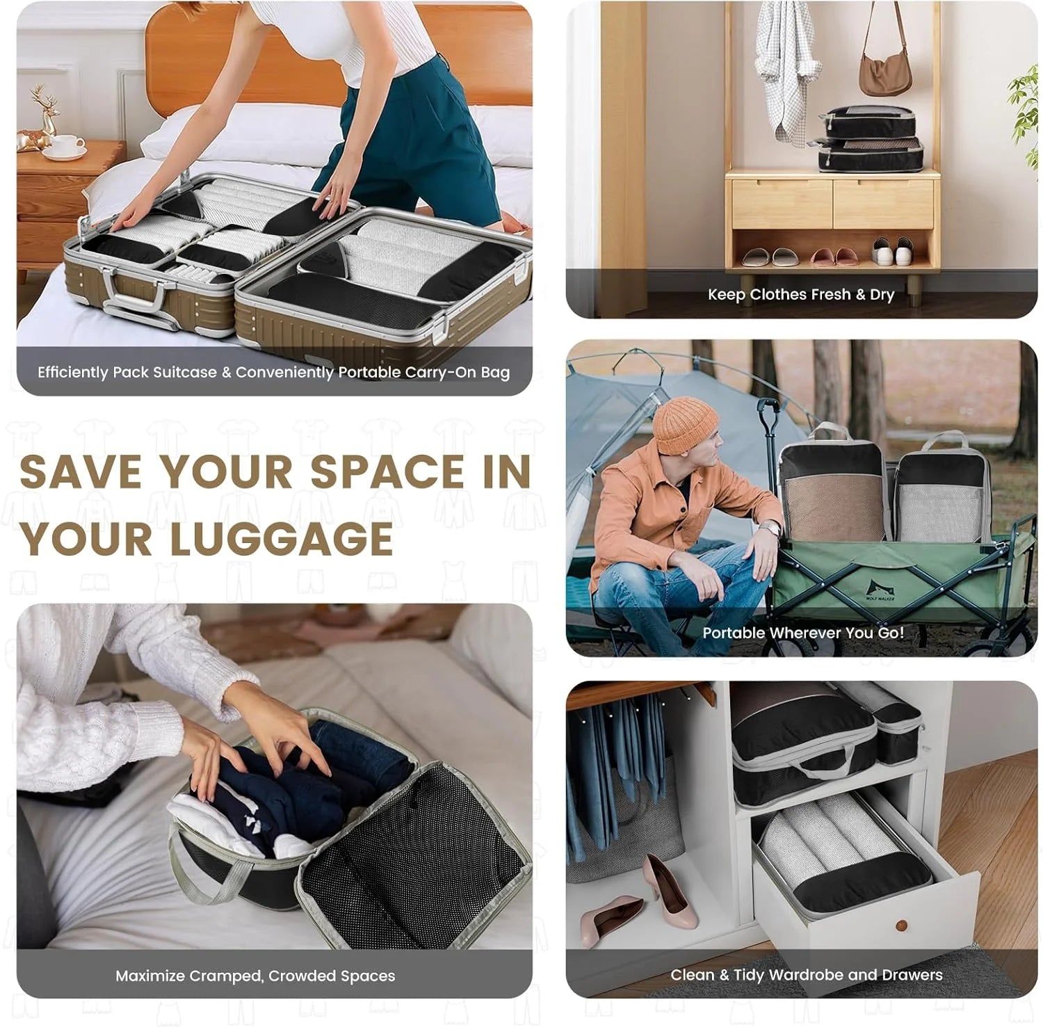 6-Piece Travel Compression Packing Cubes Set with Shoe Bag - Mesh Lightweight Luggage Organizers