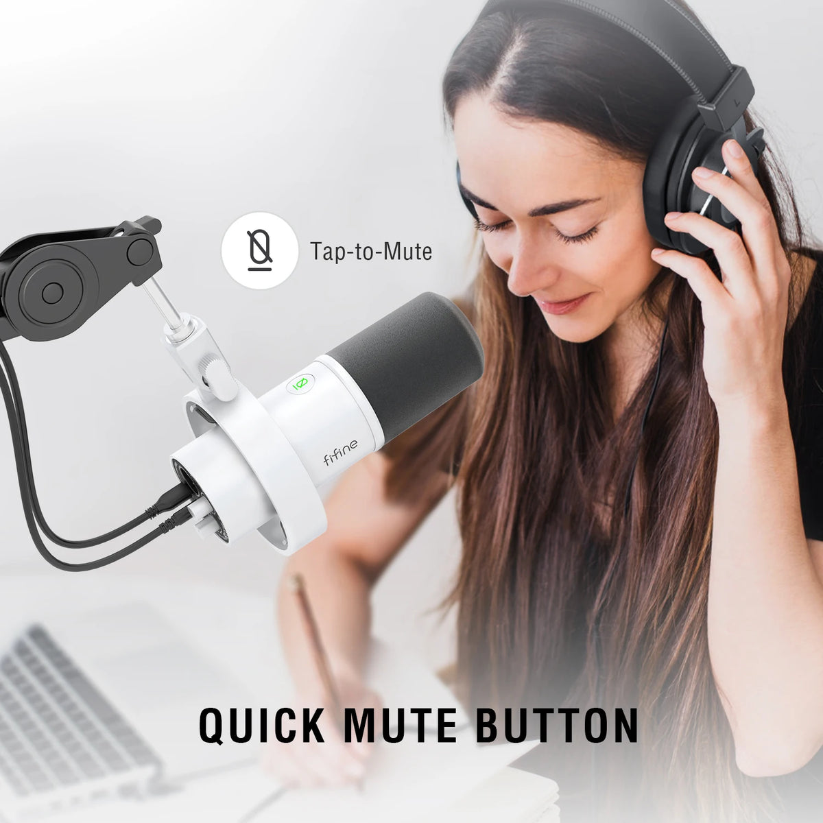 USB/XLR Dynamic Streaming Microphone with Gain Knob, Touch Mute & Headphone Jack - White