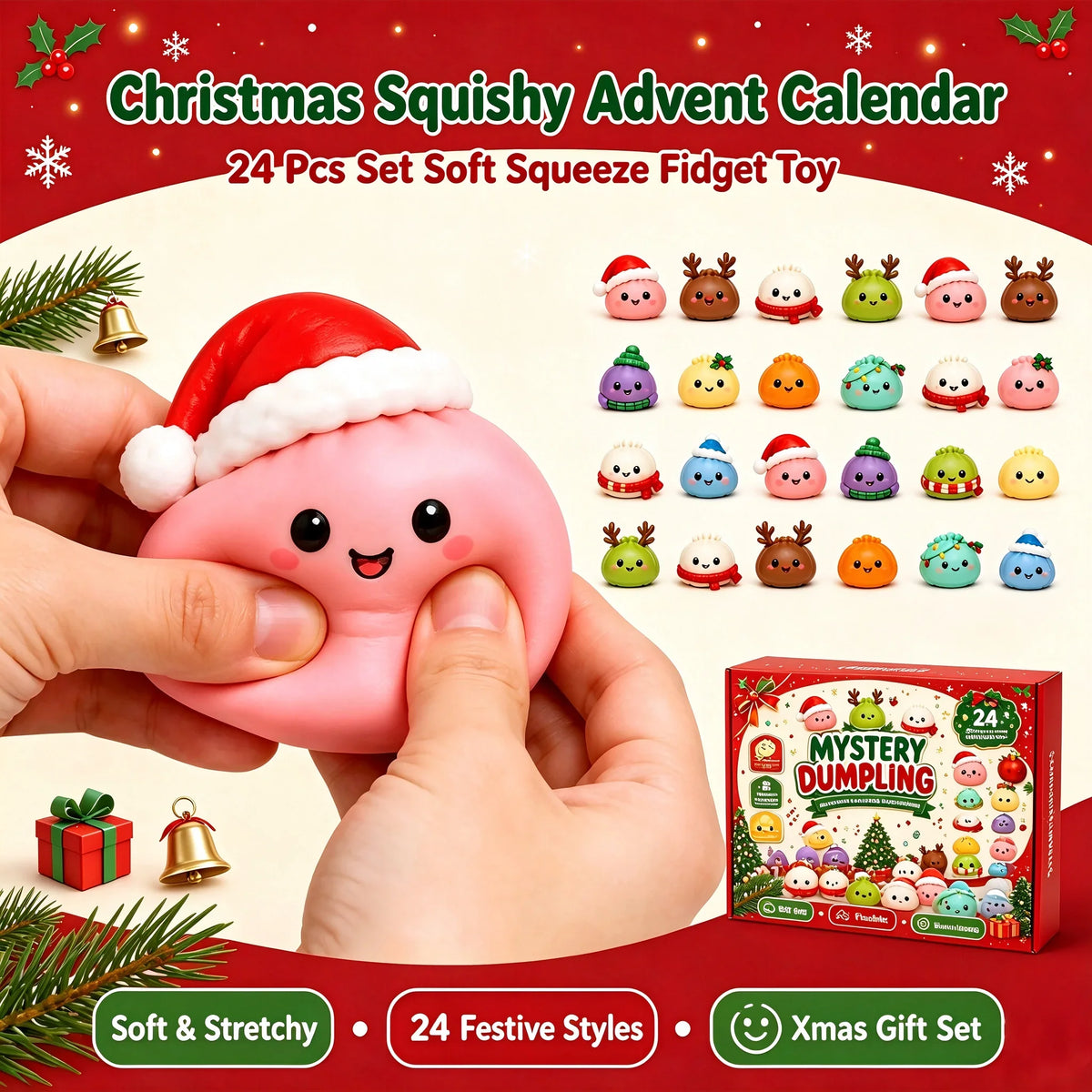Christmas Squishy Advent Calendar 24-Day Dumpling Fidget Toy Blind Box, Stress Relief Surprise Gift for Kids & Girls