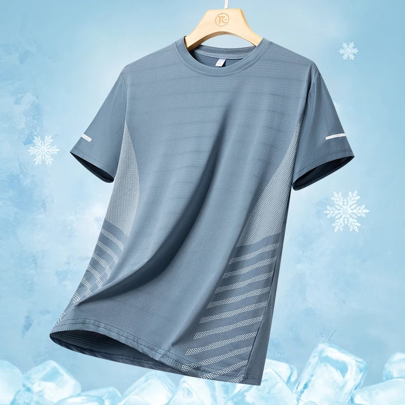 Men's Running T-Shirt Ice Silk Quick-Dry Breathable Mesh Short Sleeve Athletic Tee with Reflective Print