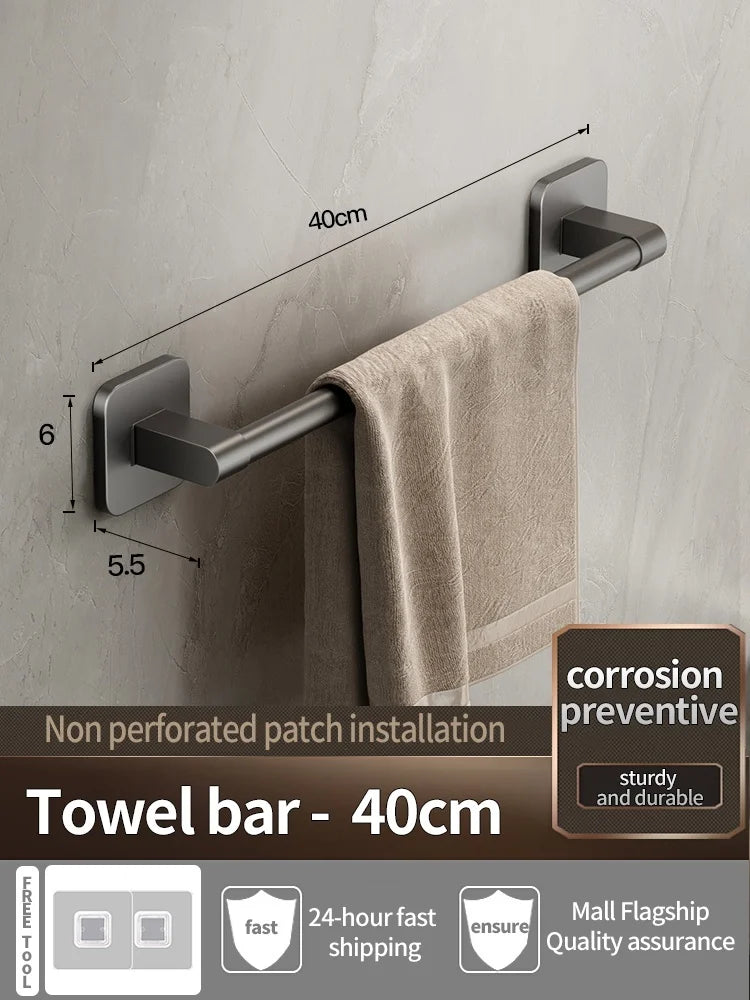 No-Drill Adhesive Towel Bar – Wall-Mount Towel Rack & Hook for Bathroom, Kitchen, Tile, Glass