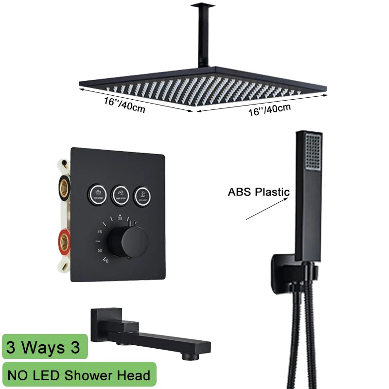 Big Black Thermostatic Ceiling-Mounted Rainfall Shower System with Hand Shower – Thermostatic Mixer Tap, 150 cm (59 in) Hose, 400+ mm (15.7+ in) Rain Head