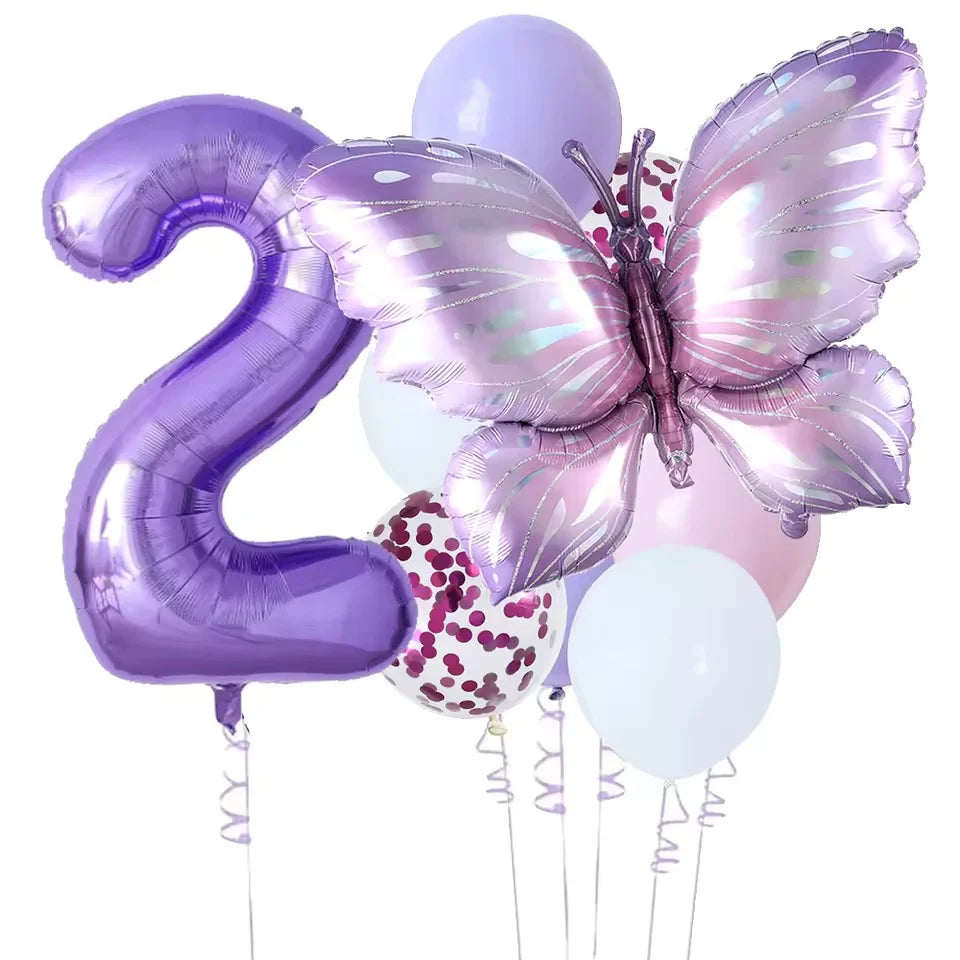 10-Pack Purple Butterfly & Number Foil Balloon Set 32-inch (81 cm) Party Decorations for Baby Shower, Birthday, Wedding, Christmas