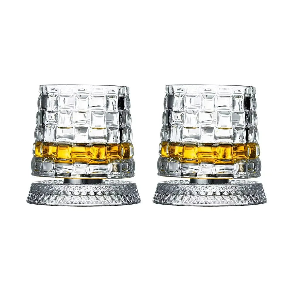 2-Pack 360° Rotating Whiskey Glasses with Glass Base – Crystal Cocktail & Rum Tumblers