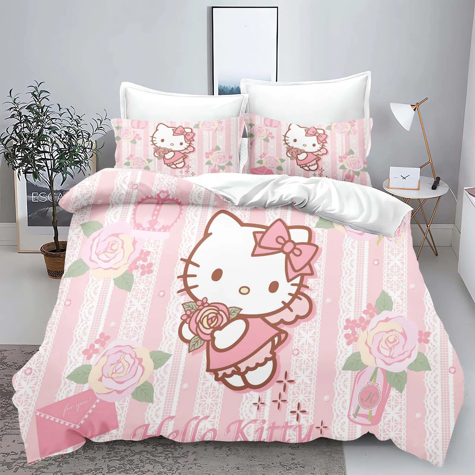 Hello Kitty Kids Bedding Set – 3-Piece Quilt Cover & 2 Pillowcases, 100% Polyester, Printed Cartoon, Multiple Sizes (Twin to King)
