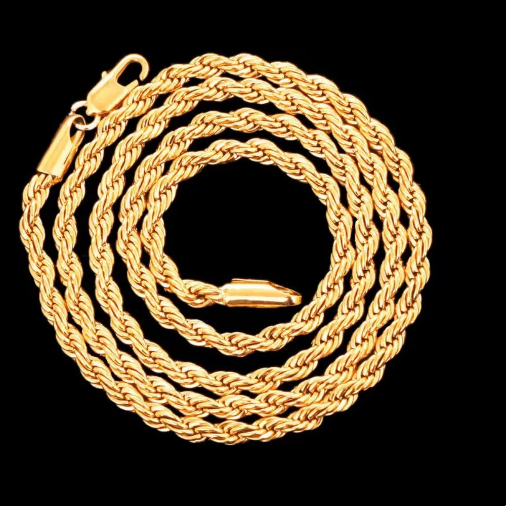18K Gold 4mm Rope Chain Necklace for Women and Men — Adjustable 18–24 in (45–60 cm) Classic Wedding Gift
