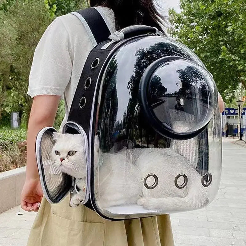 Transparent Bubble Pet Backpack Carrier — Space Capsule Design with Ventilation & Side Pocket | 35 x 25 x 42 cm (13.8 x 9.8 x 16.5 in) — For Cats & Small Dogs